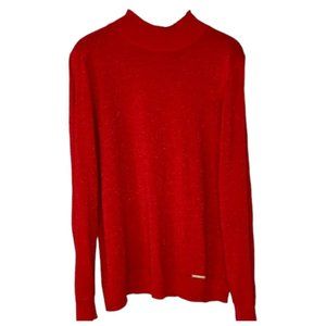 MICHAEL Michael Kors Sparkly Mock Neck Top w/ Lattice Sleeve Detail - Red - L